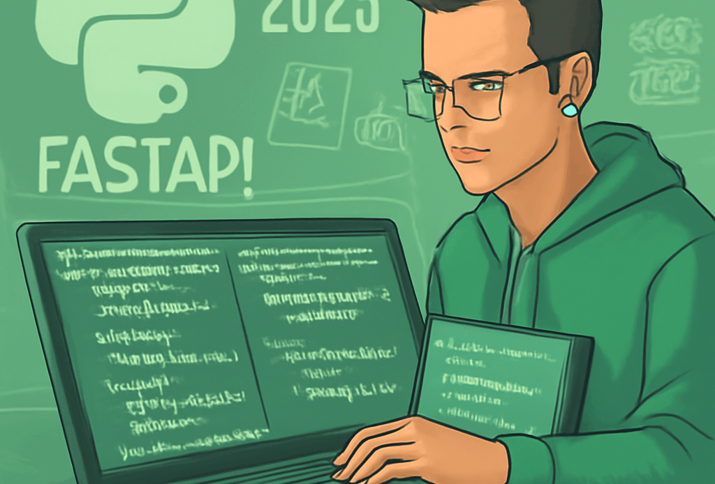 Python developer building an API with FastAPI, Flask, and Django REST Framework in 2025, comparing code on a laptop screen.