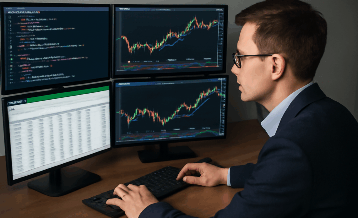 Trader using Python and Excel for financial data analysis on multiple screens, visualizing code and charts.