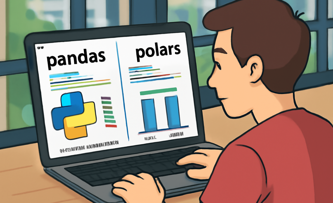 Developer comparing pandas vs Polars performance on laptop showing code benchmarks and processing time improvements for large datasets