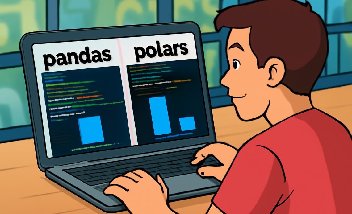 Developer migrating data pipeline from pandas to Polars on laptop, showing code and speed benchmarks.